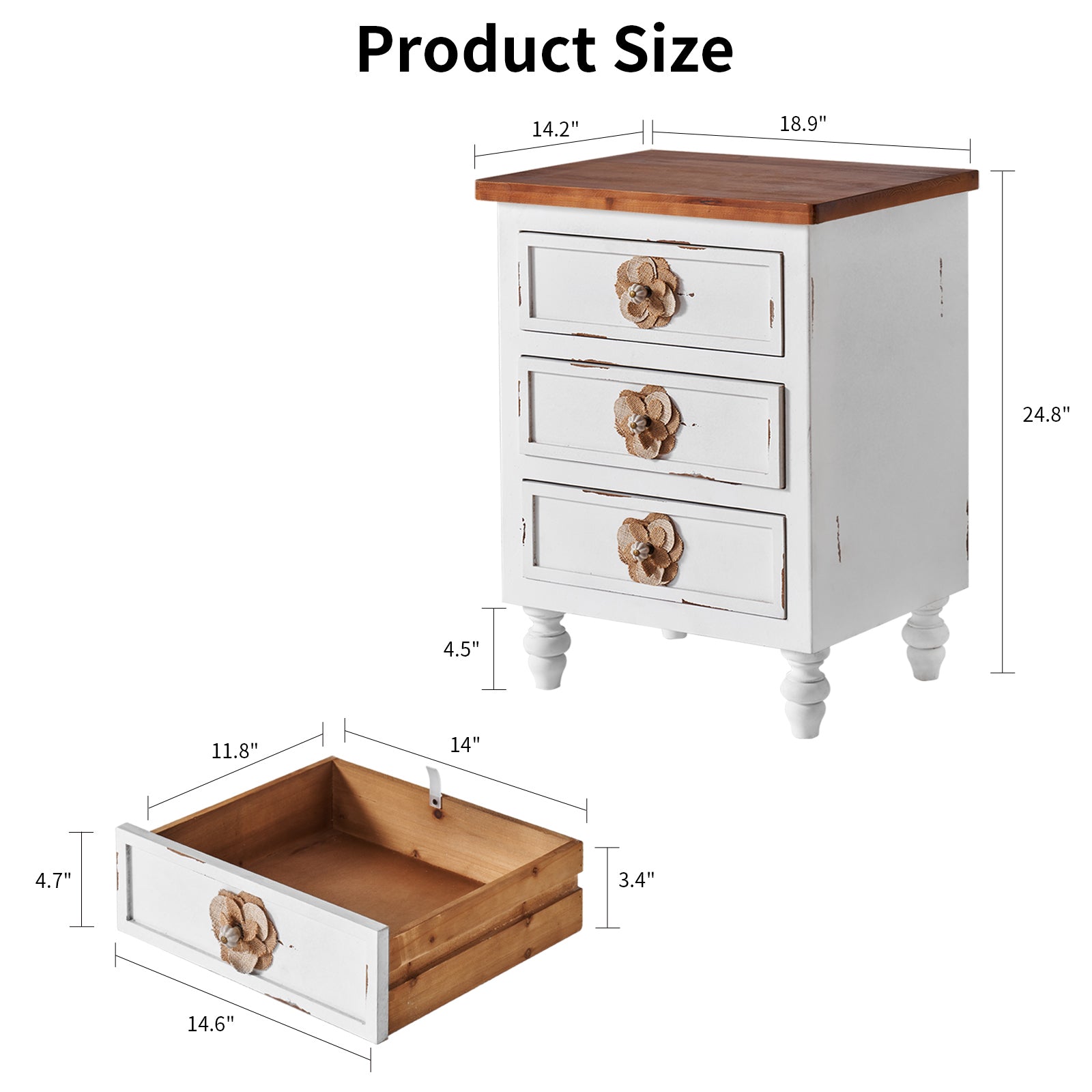Vintage Farmhouse End Table with Floral Knobs – 19' Rustic Nightstand with 3 Drawers & Gourd Legs,Bedside or Sofa Accent Table, Almost Fully Assembled, Distressed White - Grand Goldman Shop