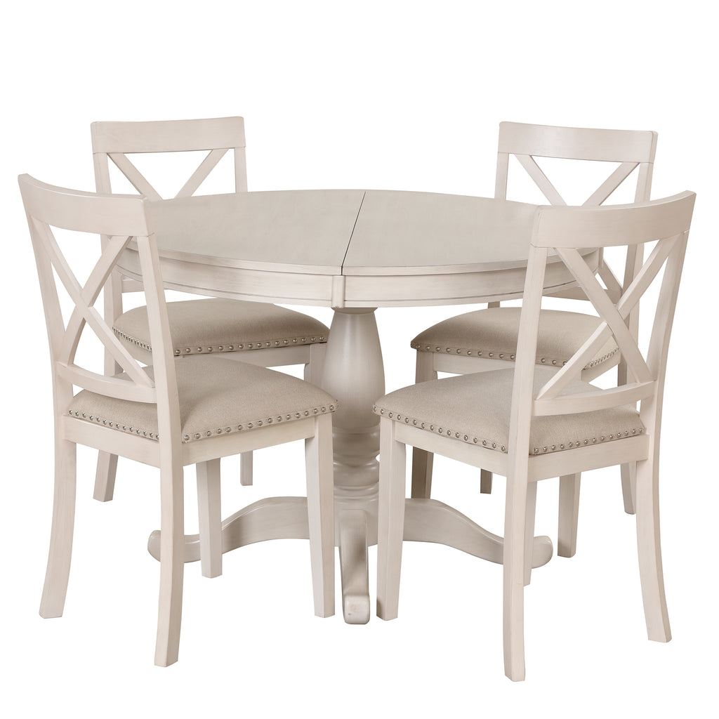 Antique White Modern Dining Table Set for 4 with Round Table and Chairs, Solid Wood & MDF - Grand Goldman Shop