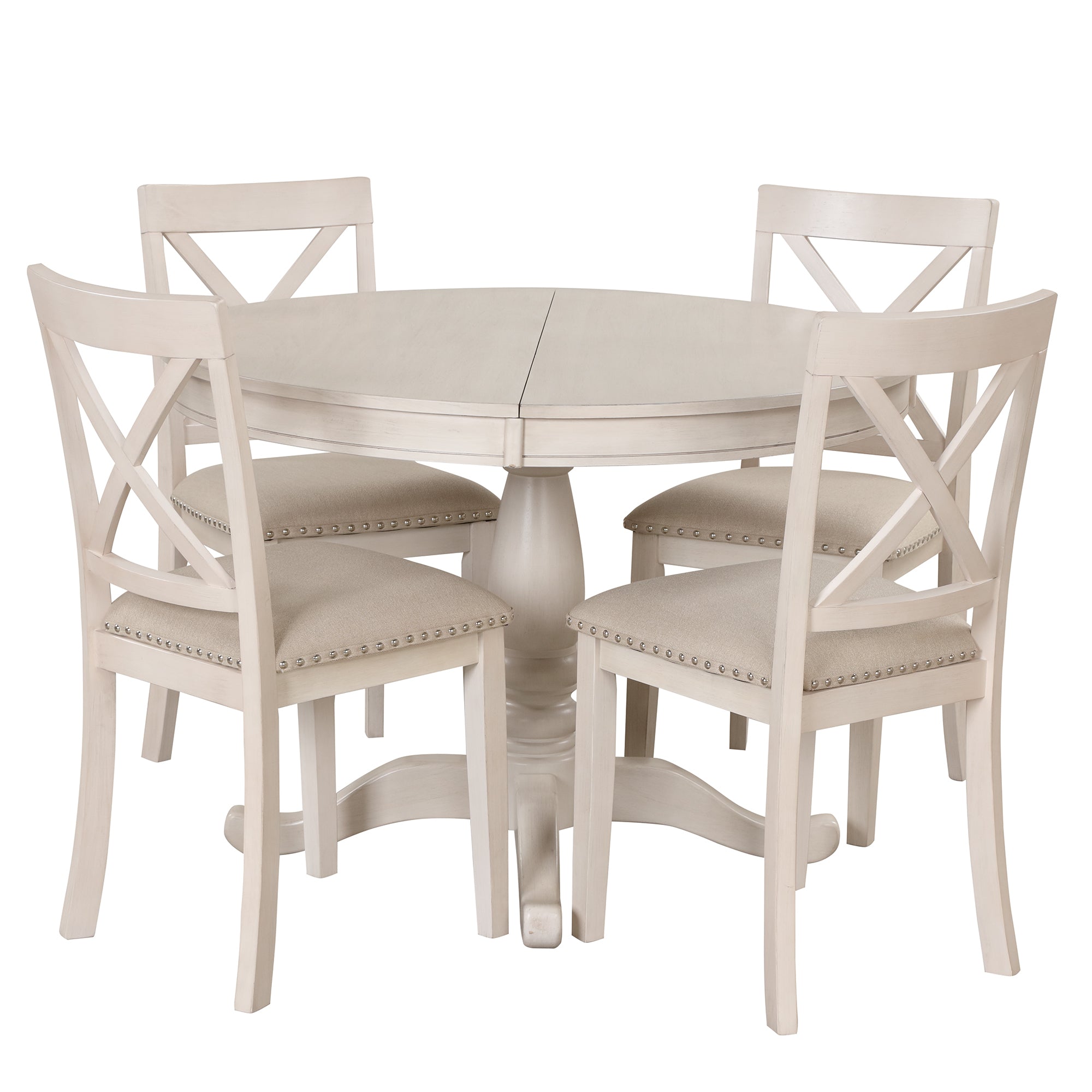 Antique White Modern Dining Table Set for 4 with Round Table and Chairs, Solid Wood & MDF - Grand Goldman Shop