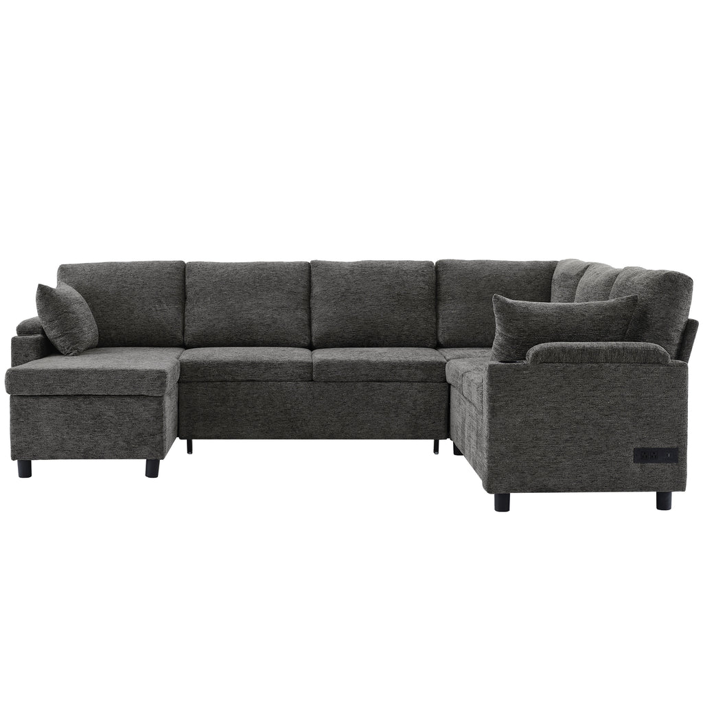 Versatile U-Shaped Sectional Sofa Bed with Storage, Cup Holders, Charging Ports in Grey Chenille - Grand Goldman Shop