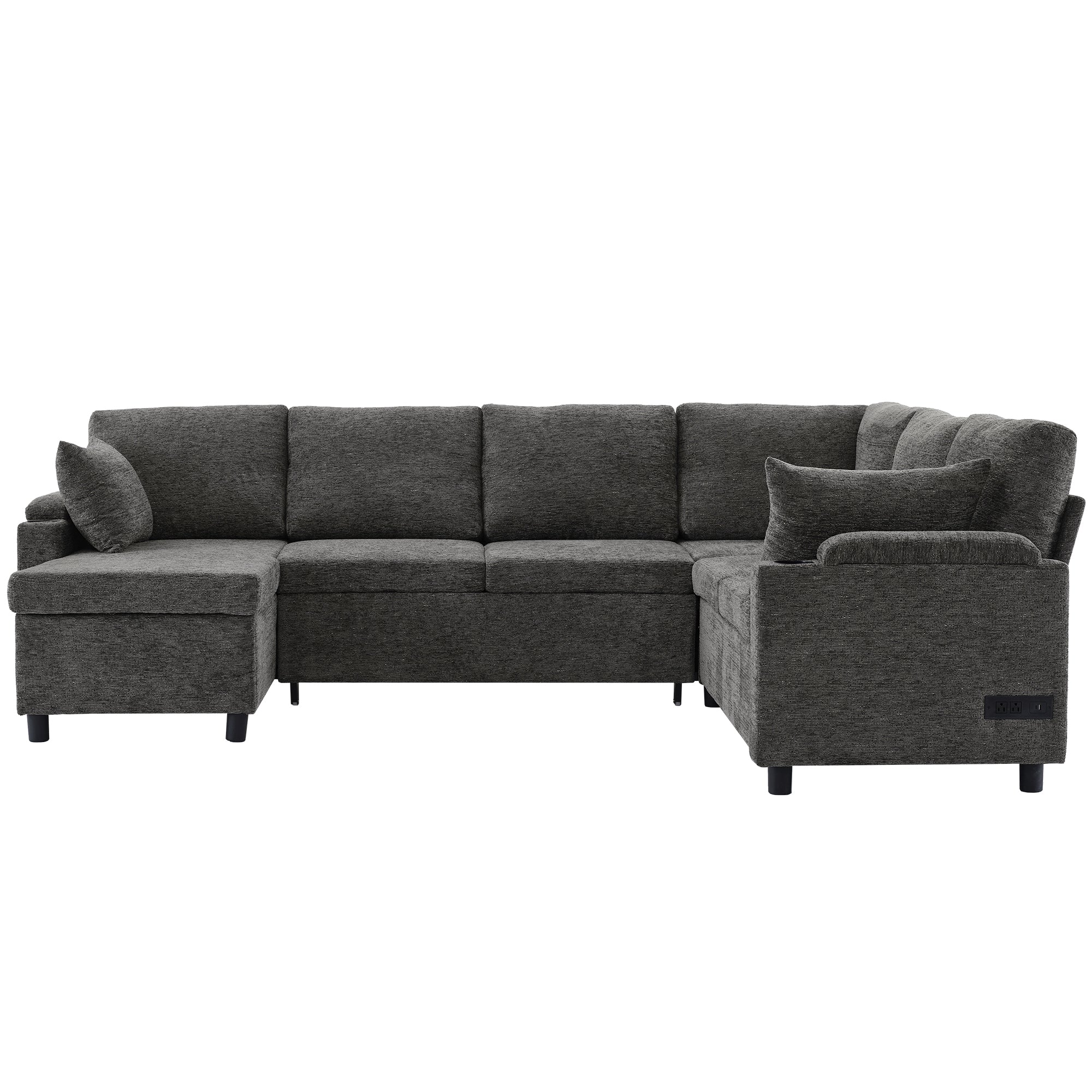Versatile U-Shaped Sectional Sofa Bed with Storage, Cup Holders, Charging Ports in Grey Chenille - Grand Goldman Shop