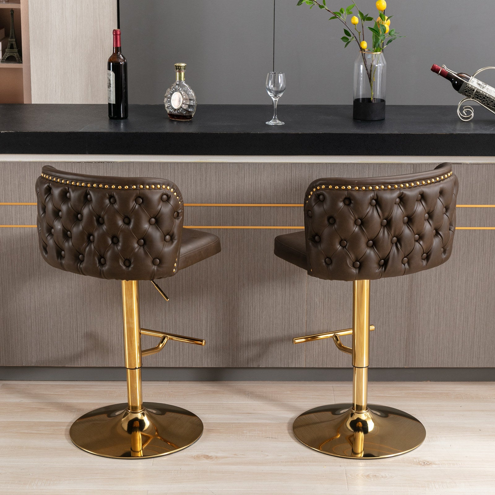A&A Furniture,Swivel Barstools Adjusatble Seat Height, Modern PU Upholstered Bar Stools with  the whole Back Tufted, for Home Pub and Kitchen Island（Brown, Set of 2） - Grand Goldman Shop