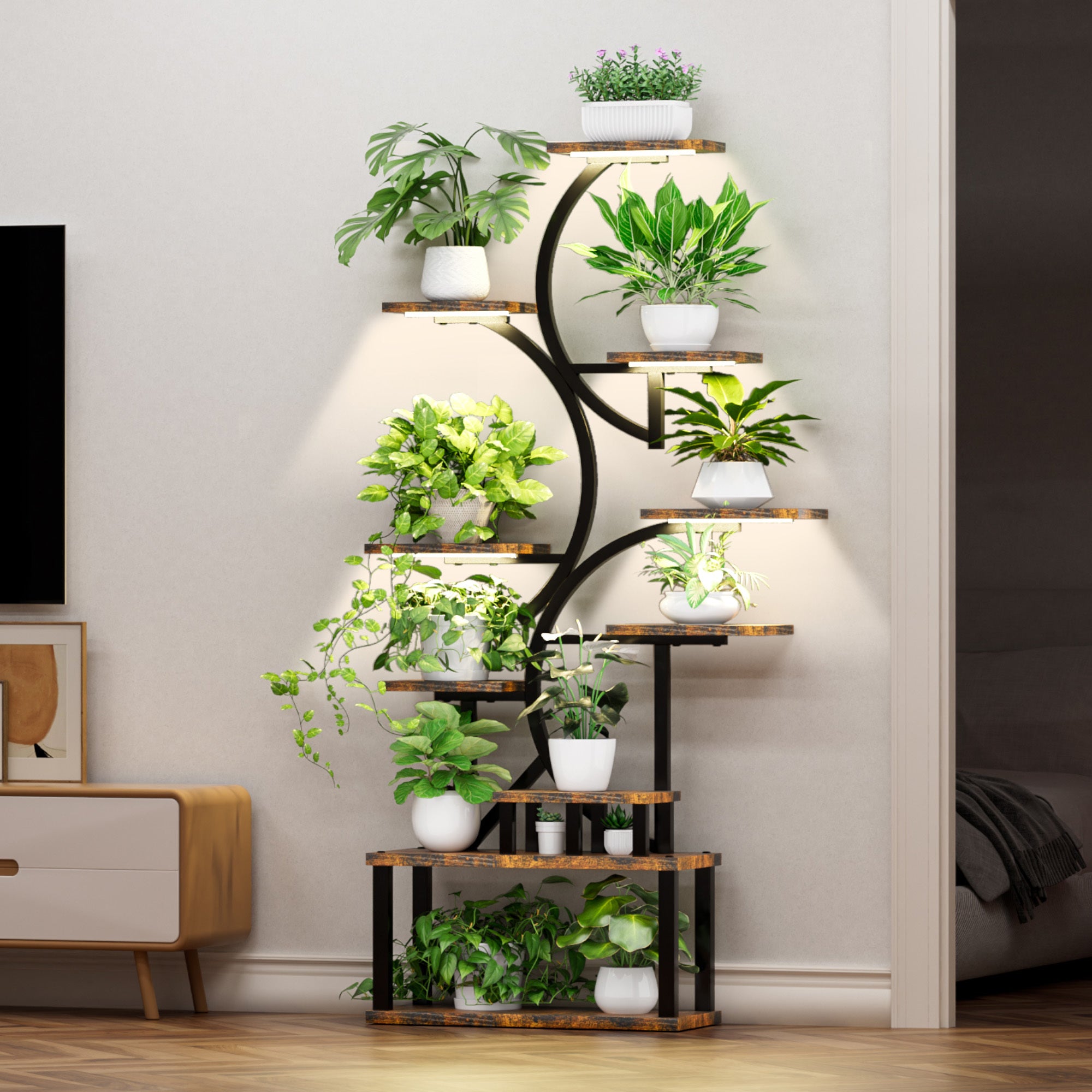 S-Shaped 10-Tier Plant Stand with 5 Grow Lights in Deep Rustic Brown, MDF and Steel, 68.5' Tall for Indoor Plants - Grand Goldman Shop