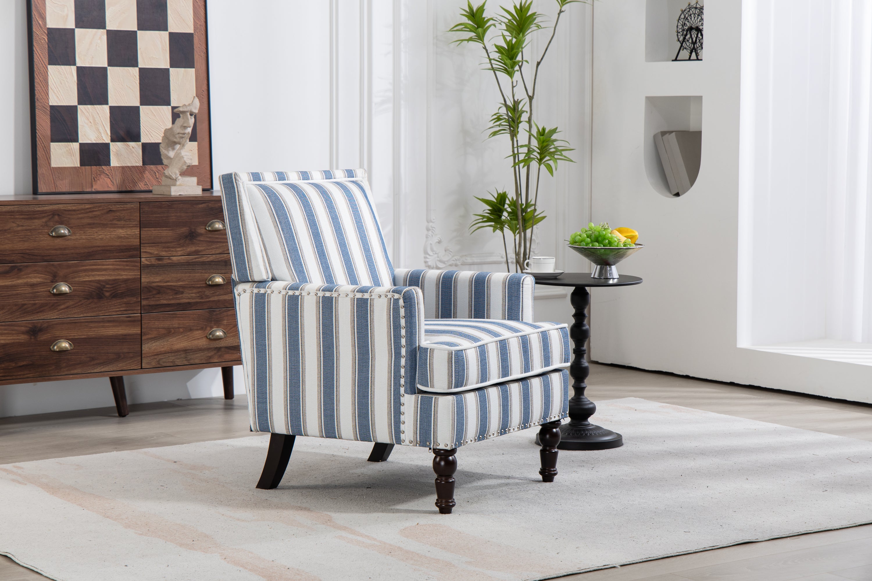 Upholstered Accent Chair, Vintage Armchair with Blue and White Striped Linen Fabric and Nailhead Trim for Living Room - Grand Goldman Shop