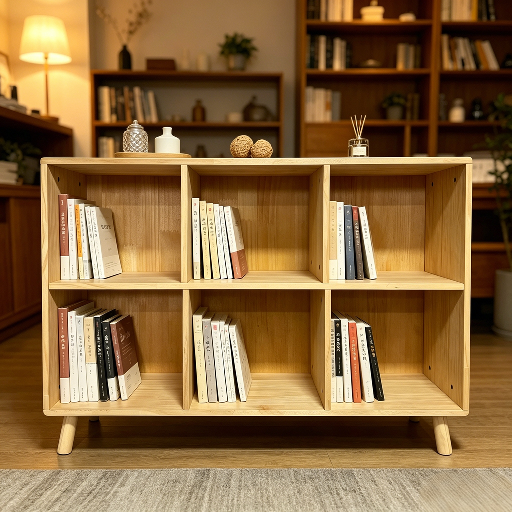 6 Cube Wooden Storage Shelf, Freestanding Open Bookcase with Legs, Natural Solid Wood Cubby Organizer for Living Room, Bedroo
