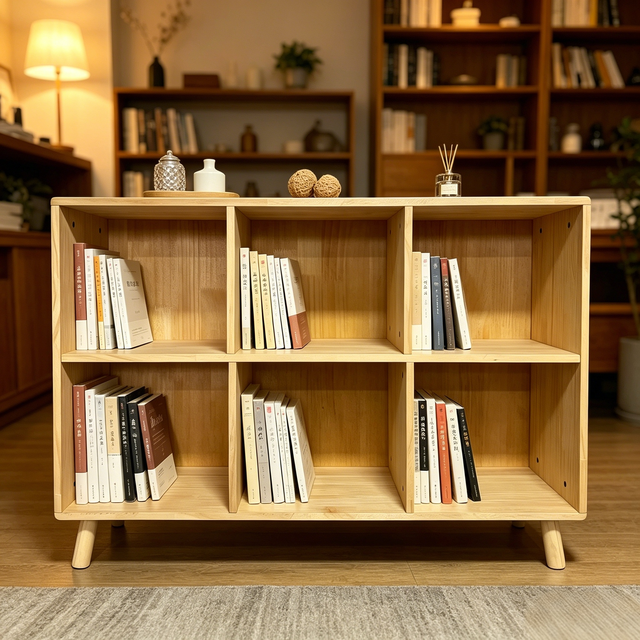 6 Cube Wooden Storage Shelf, Freestanding Open Bookcase with Legs, Natural Solid Wood Cubby Organizer for Living Room, Bedroo