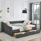 Mid-Century Grey Upholstered Tufted Daybed with Drawers and Copper Nail Trim, Queen Size (84.5'x63.5'x26.5') - Grand Goldman Shop