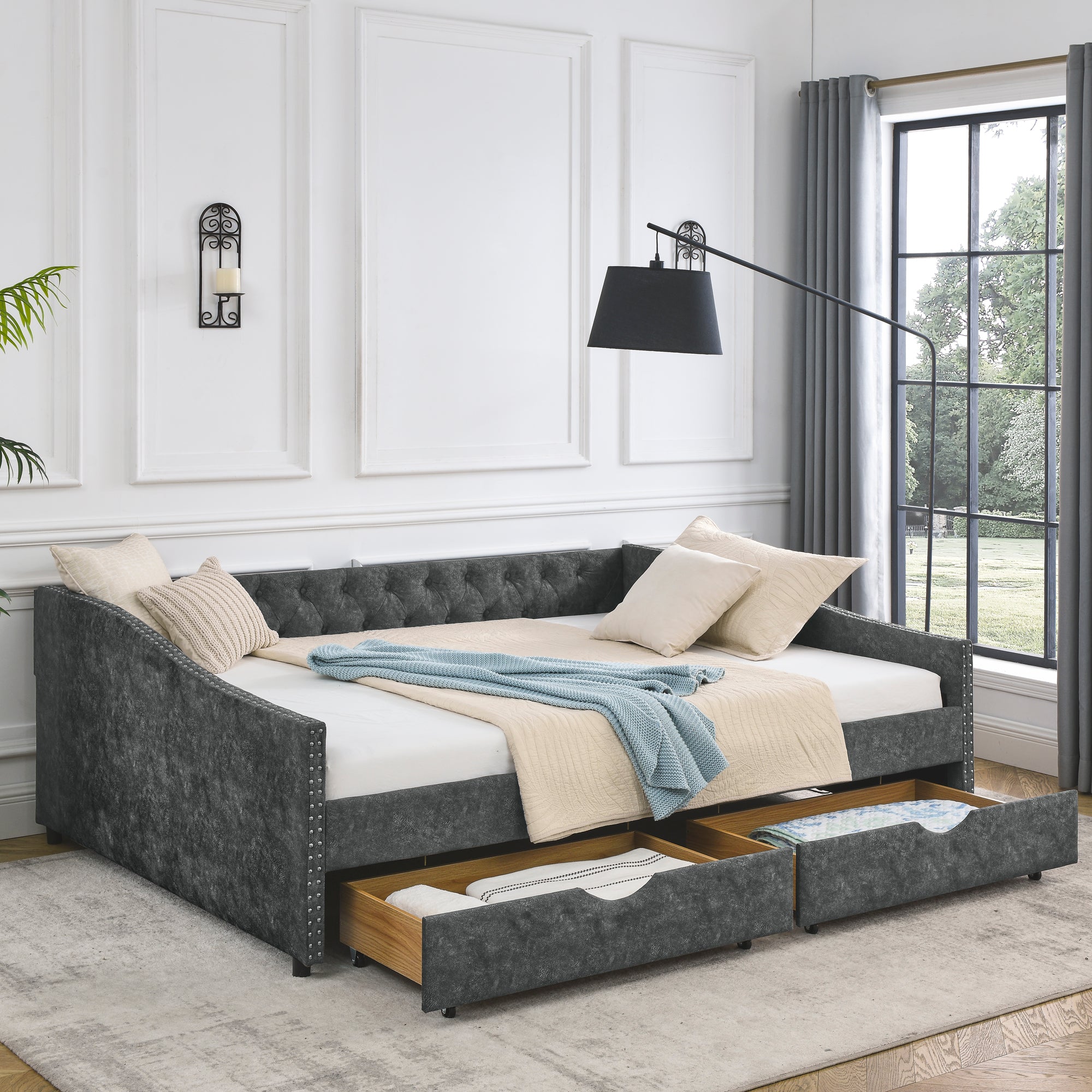 Mid-Century Grey Upholstered Tufted Daybed with Drawers and Copper Nail Trim, Queen Size (84.5'x63.5'x26.5') - Grand Goldman Shop