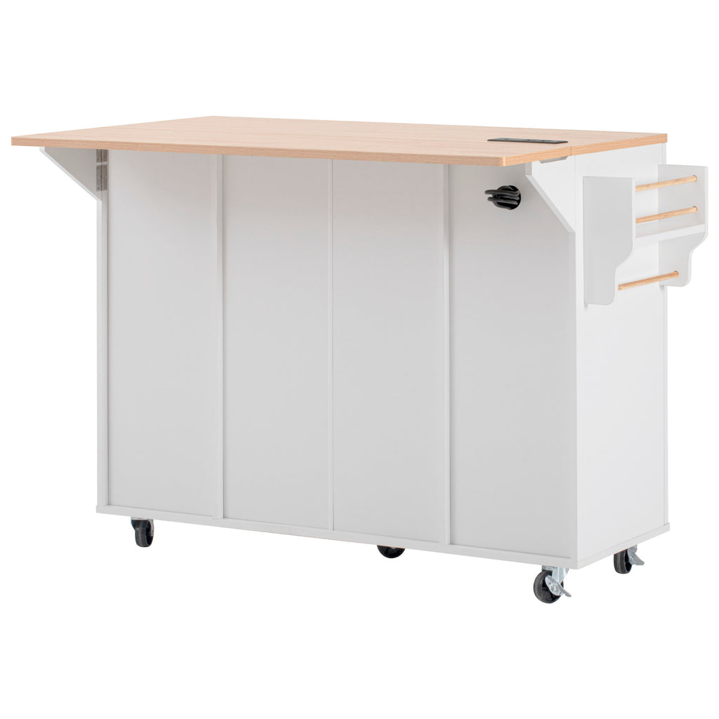 K&K Fluted Kitchen Island with Storage, 55.5' Kitchen Island with Drop Leaf, Power Outlet, 4 Doors and 3 Drawers, Rolling Island Table with Wood-grain Top, Curved Edge for Kitchen,Dining Room White - Grand Goldman Shop