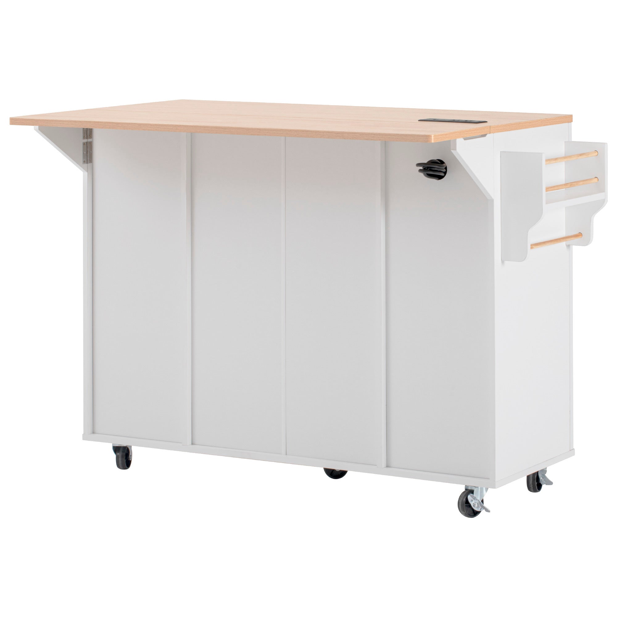 K&K Fluted Kitchen Island with Storage, 55.5' Kitchen Island with Drop Leaf, Power Outlet, 4 Doors and 3 Drawers, Rolling Island Table with Wood-grain Top, Curved Edge for Kitchen,Dining Room White - Grand Goldman Shop