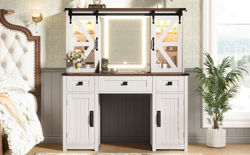 43.3' Farmhouse Makeup Vanity Desk with Lighted Mirror, Vanity Table Set with Charging Station, Dressing Table with Sliding Barn Door Hidden Shelves & 3 Drawers & 4 Cabinets, Beige - Grand Goldman Shop