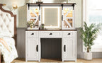 43.3' Farmhouse Makeup Vanity Desk with Lighted Mirror, Vanity Table Set with Charging Station, Dressing Table with Sliding Barn Door Hidden Shelves & 3 Drawers & 4 Cabinets, Beige - Grand Goldman Shop