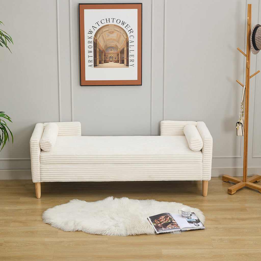 65.35'Wide Upholstered Flip-top Storage Accent Bed Bench, Corduroy Footrest Ottoman with Armrests&Backrest&2 Bolster Pillows Wood Legs for Living Room, End of Bed, Hallway, Entryway Bedroom. Ivory - Grand Goldman Shop