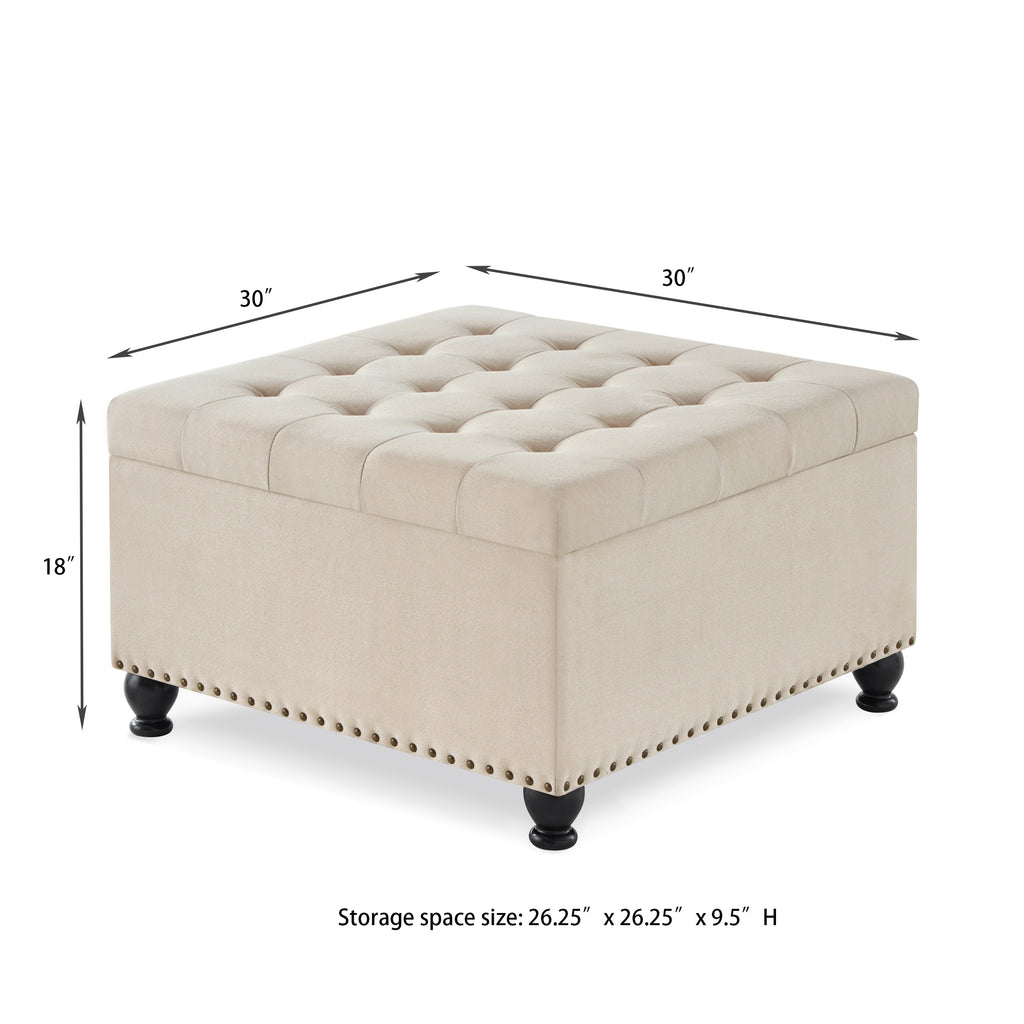 Large square storage ottoman with wooden legs, Upholstered button tufted coffee table with nail trims for Living Space,Beige - Grand Goldman Shop