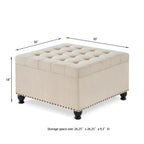 Large square storage ottoman with wooden legs, Upholstered button tufted coffee table with nail trims for Living Space,Beige - Grand Goldman Shop