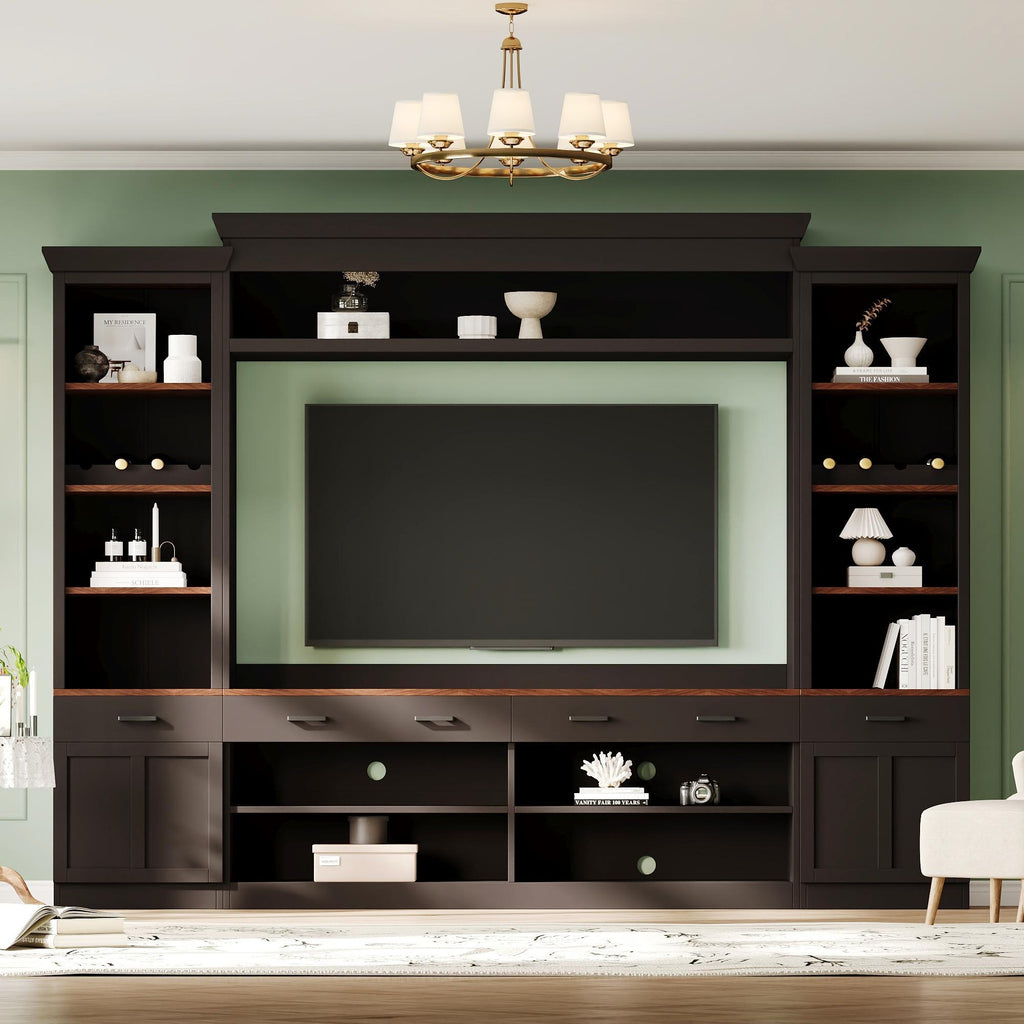 Farmhouse Entertainment Wall Unit with Bookshelf for TVs Up to 70', Walnut TV Stand with Adjustable Shelves, Mid-Century Media Console with Wine Rack for Living Room, Black (NEW SKU: N721S000046B-2) - Grand Goldman Shop