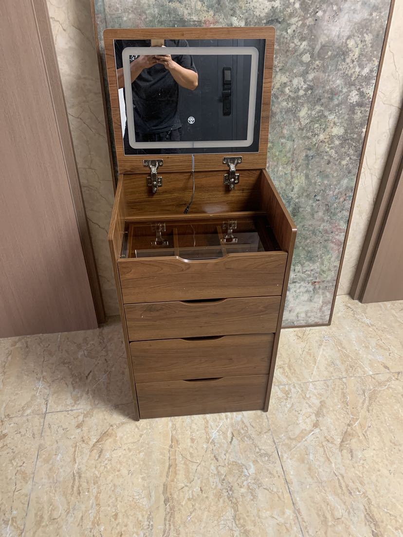 (60cm) 3 in 1 Vanity Desk with Plip Top Mirror, Small Make Up Vanity Set with Visible Glass Desktop, Compact Makeup Vanity with 3 Drawers, Dressing Table for Bedroom (Walnut Color) - Grand Goldman Shop