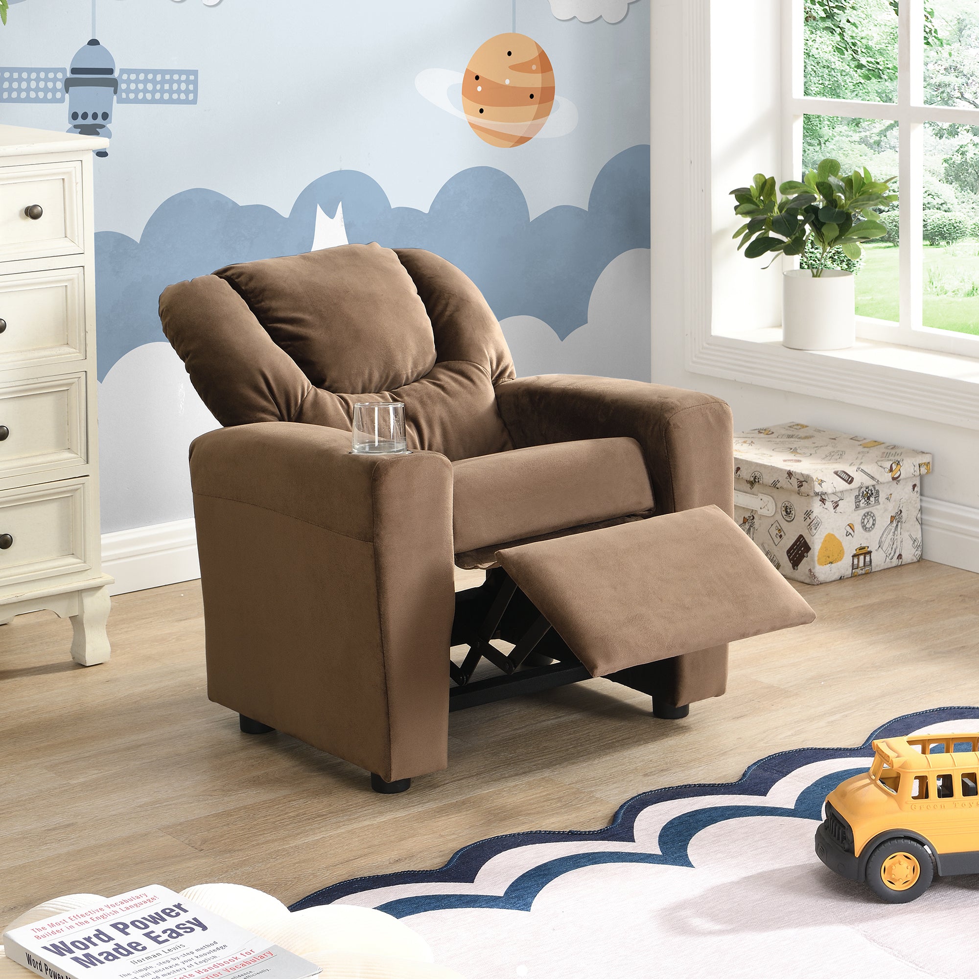Sally Deluxe Kids Recliner Chair with Cup Holder and Footrest in Brown Velvet, 21.26 x 16.93 x 26.38 inches | Premium Home De