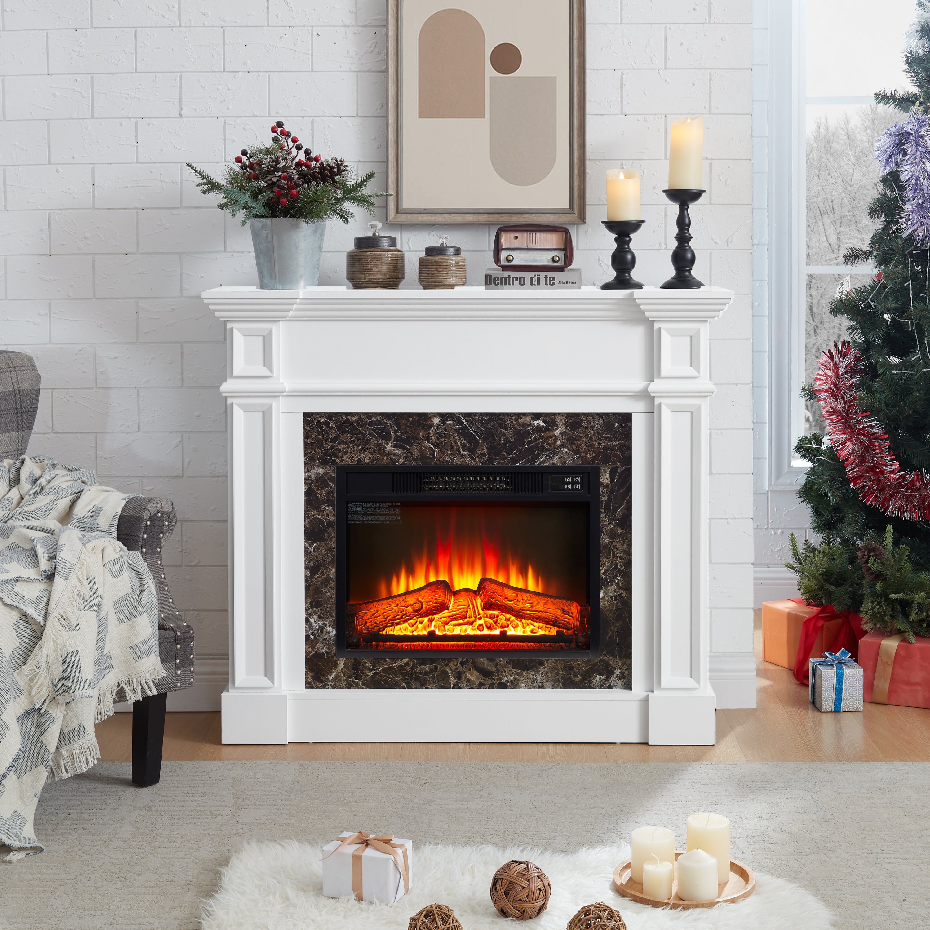 Electric Fireplace with Mantel, Fireplace Mantel, Fireplace Heater Freestanding, Realistic Stacked Stone Surround with Remote Control Timer LED Flame, White, 45.66'W*11.8'D*40'H - Grand Goldman Shop