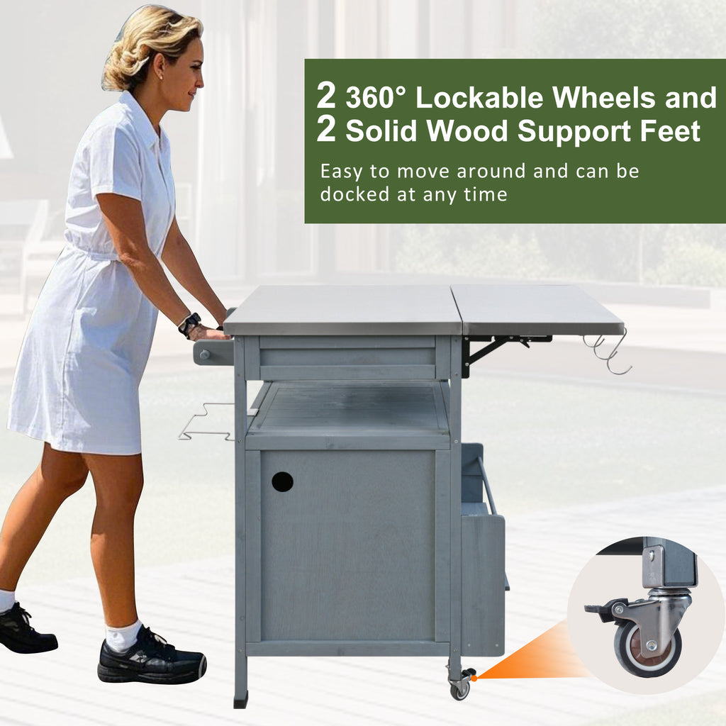 K&K 40.5' Outdoor Grill Cart with Stainless Steel Top, Solid Wood Outdoor Storage Cabinet with Drop Leaf, One Drawer, Towel Rack, Rolling Kitchen Cart with Lockable Wheels for Lawn Garden, Blue Grey - Grand Goldman Shop