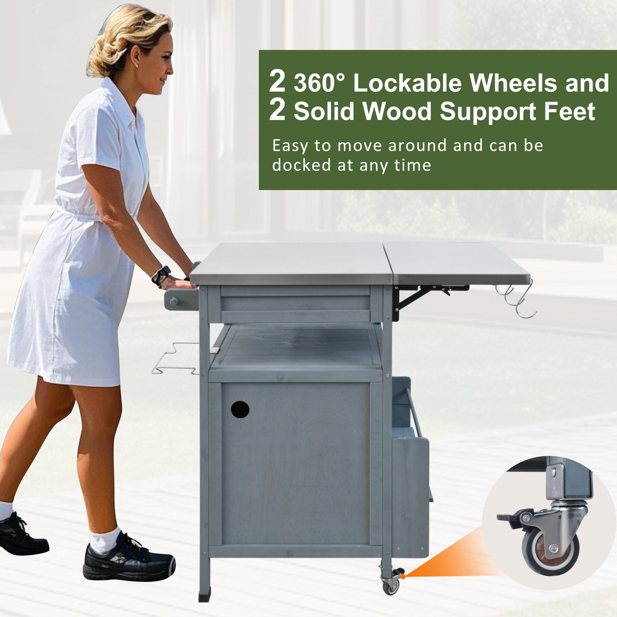 K&K 40.5' Outdoor Grill Cart with Stainless Steel Top, Solid Wood Outdoor Storage Cabinet with Drop Leaf, One Drawer, Towel Rack, Rolling Kitchen Cart with Lockable Wheels for Lawn Garden, Blue Grey - Grand Goldman Shop