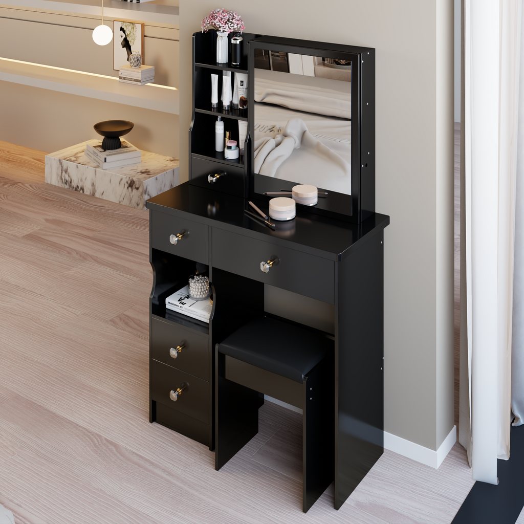 29.2' Small Space Left Drawer Desktop Vanity Table + Cushioned Stool, Extra Large Right sliding mirror, Multi Layer High Capacity Storage, Practical Fashionable Dresser, Suitable For Small Space - Grand Goldman Shop