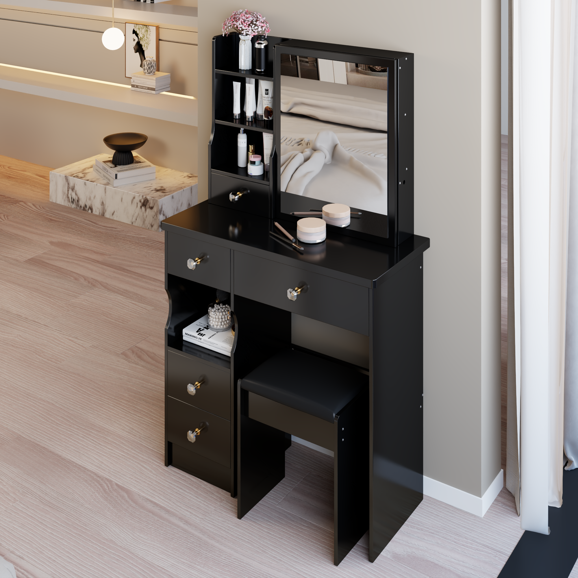 29.2' Small Space Left Drawer Desktop Vanity Table + Cushioned Stool, Extra Large Right sliding mirror, Multi Layer High Capacity Storage, Practical Fashionable Dresser, Suitable For Small Space - Grand Goldman Shop