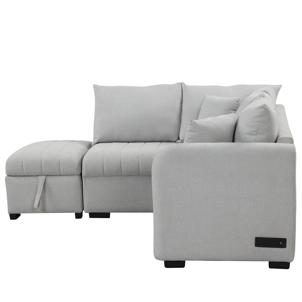 Modern L-shaped Sectional Pull Out Sofa Bed with USB Ports & Storage Ottoman, Gray Jacquard Fabric, 82.6' - Grand Goldman Shop