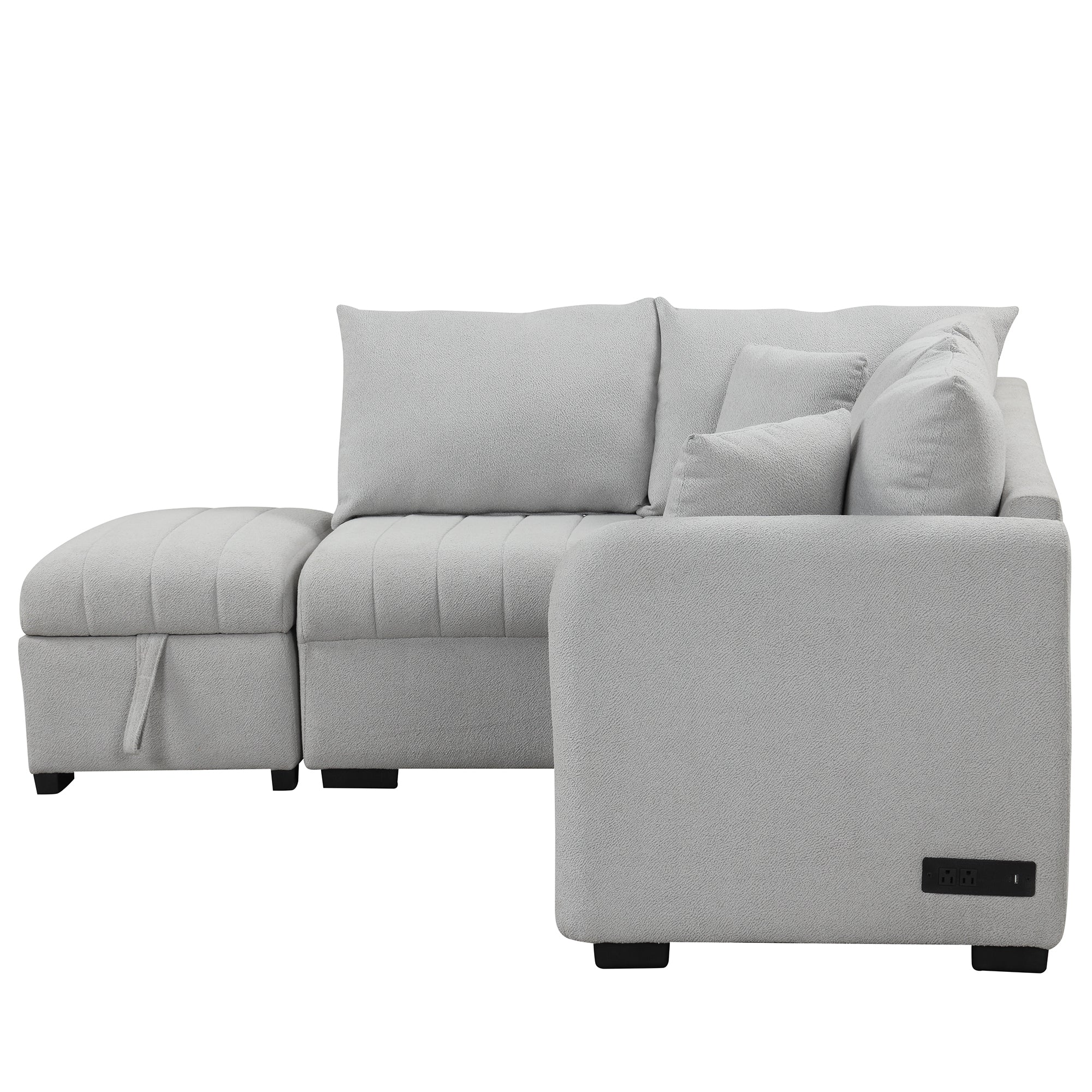 Modern L-shaped Sectional Pull Out Sofa Bed with USB Ports & Storage Ottoman, Gray Jacquard Fabric, 82.6' - Grand Goldman Shop