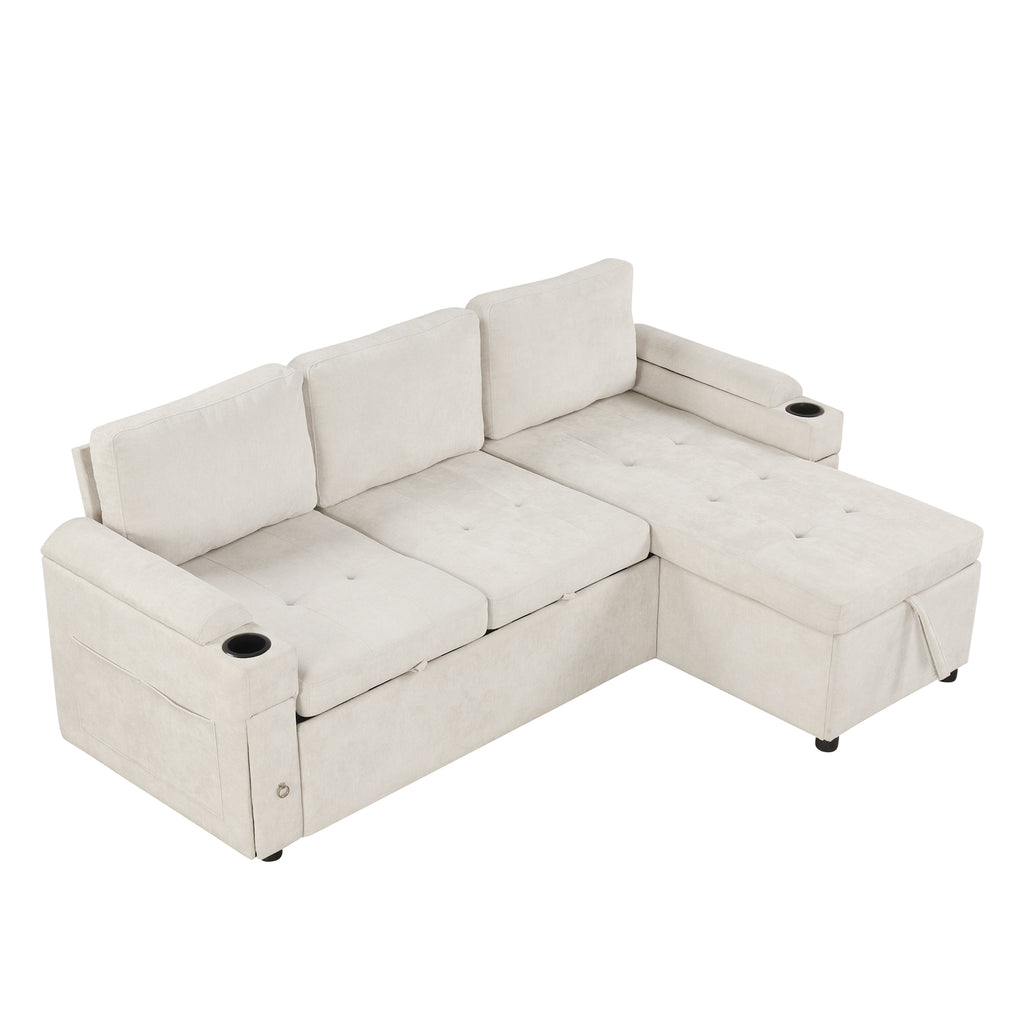 Convertible L-shaped Beige Sofa Couch with Storage, Cup Holders, USB Ports, Chenille Fabric - Grand Goldman Shop