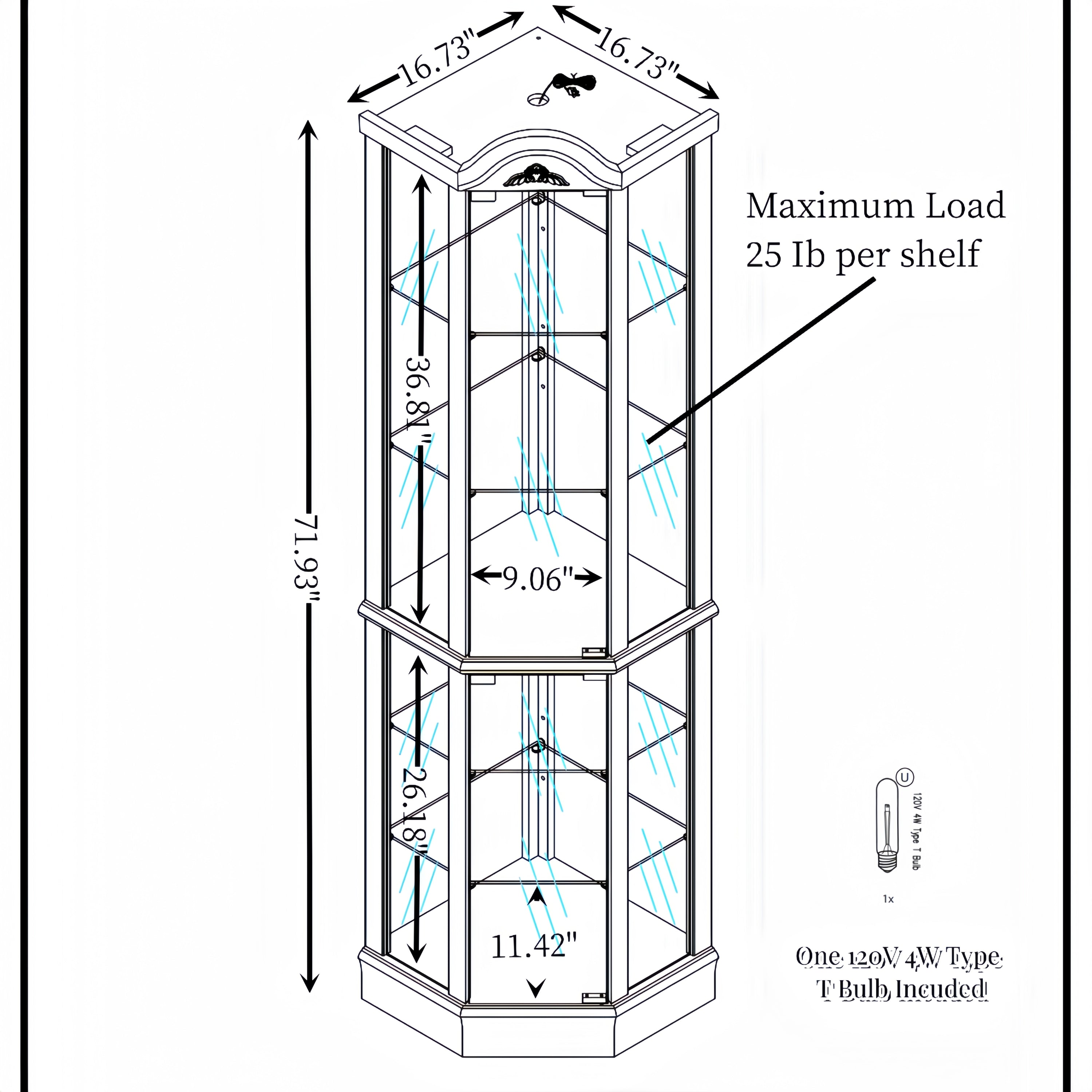 Glass Cabinet Lighted Corner Cabinet Corner Display Curio Cabinet, Glass Display With Light(Included)Bar Cabinet,Wine Cabinet with Adjustable Glass Shelves Carved Decoration OAK Light(Included) - Grand Goldman Shop