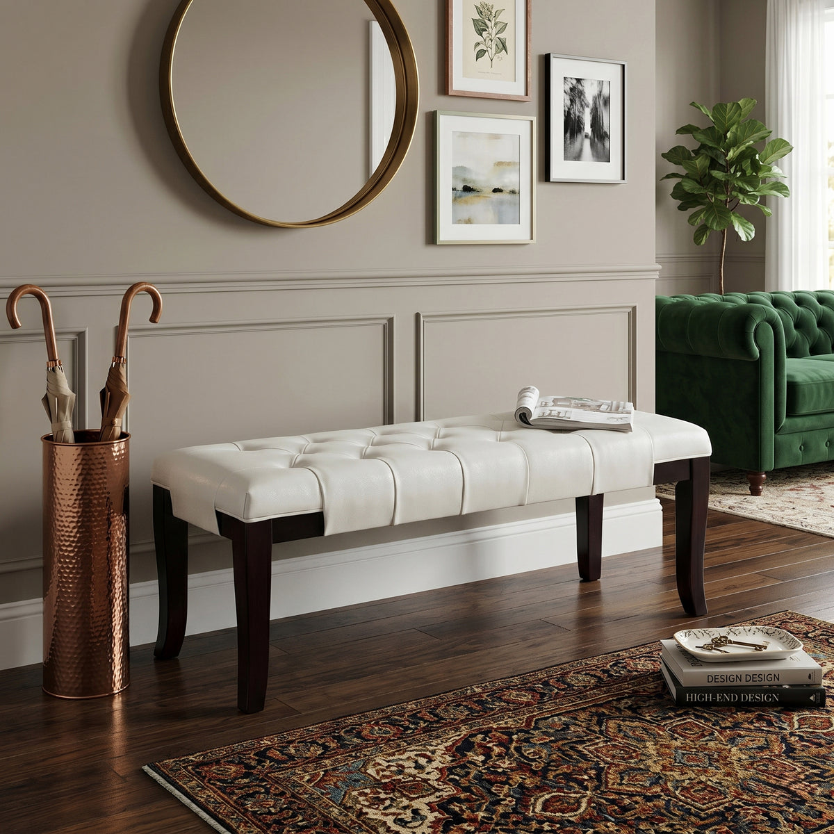 Linon Tufted Bench, Faux Leather, White - Grand Goldman Shop