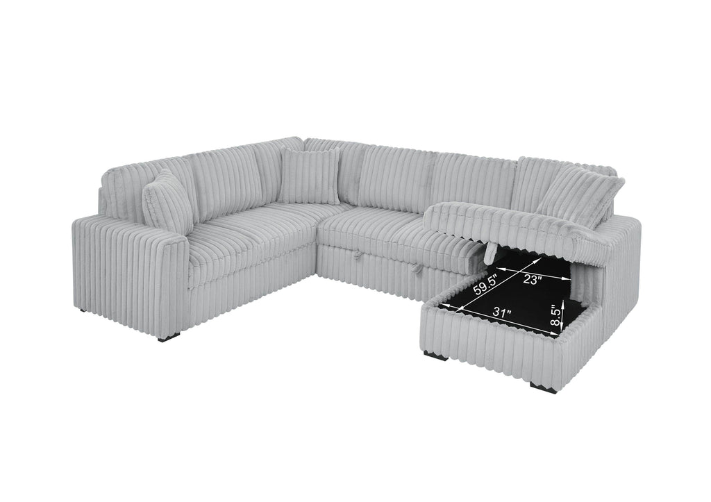 122 Inch Pull Out Couch, Rabbit plush Fabric Sofa Bed with USB Ports & Comfy Upholstered, Oversized U Shape Sectional Sleeper Sofa Bed with Storage Chaise, Grey - Grand Goldman Shop