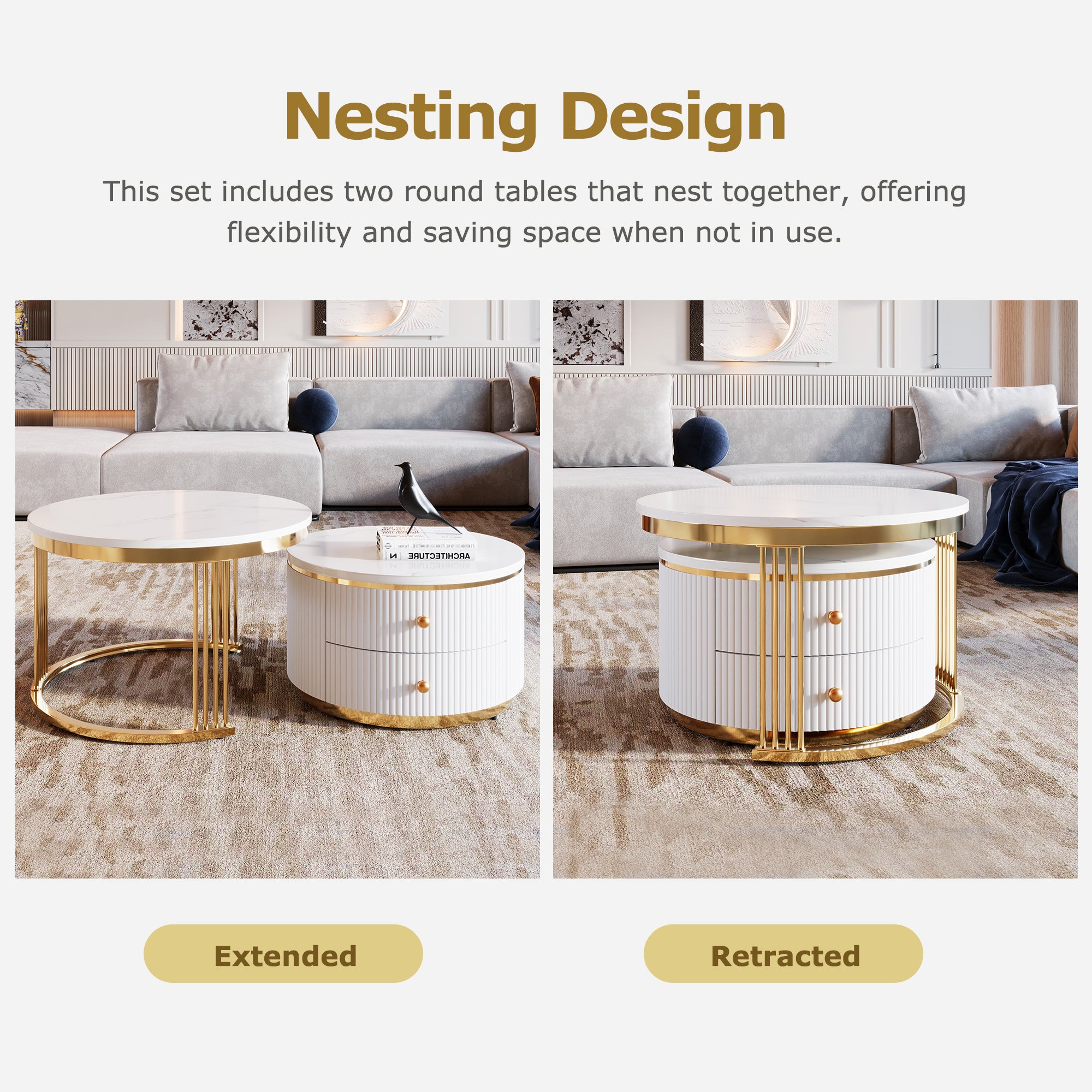 Modern 2 Pieces White Round Nesting  Coffee Table with Drawers in 27.6'' - Grand Goldman Shop