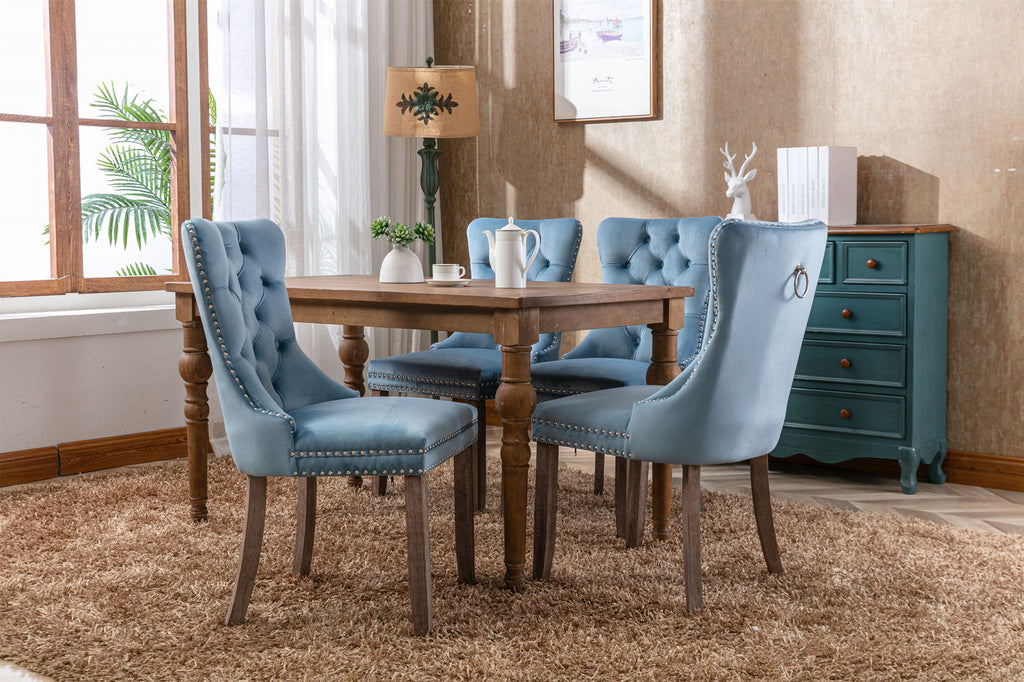 Nikki Collection Modern, High-end Tufted Solid Wood Contemporary Velvet Upholstered Dining Chair with Wood Legs Nailhead Trim 2-Pcs Set,Light Blue, SW2001LB - Grand Goldman Shop