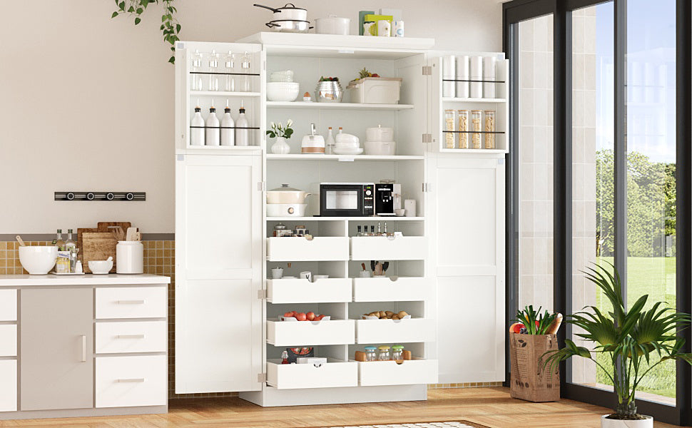 [Assembly Video Provided] TOPMAX 35.5x17.6x70.9inch Freestanding Kitchen Pantry Cabinet, Tall Storage Cabinet with 4 Doors, 2 Door Shelves, 8 Pull-out Trays and Adjustable Shelf for Dining Room, White - Grand Goldman Shop