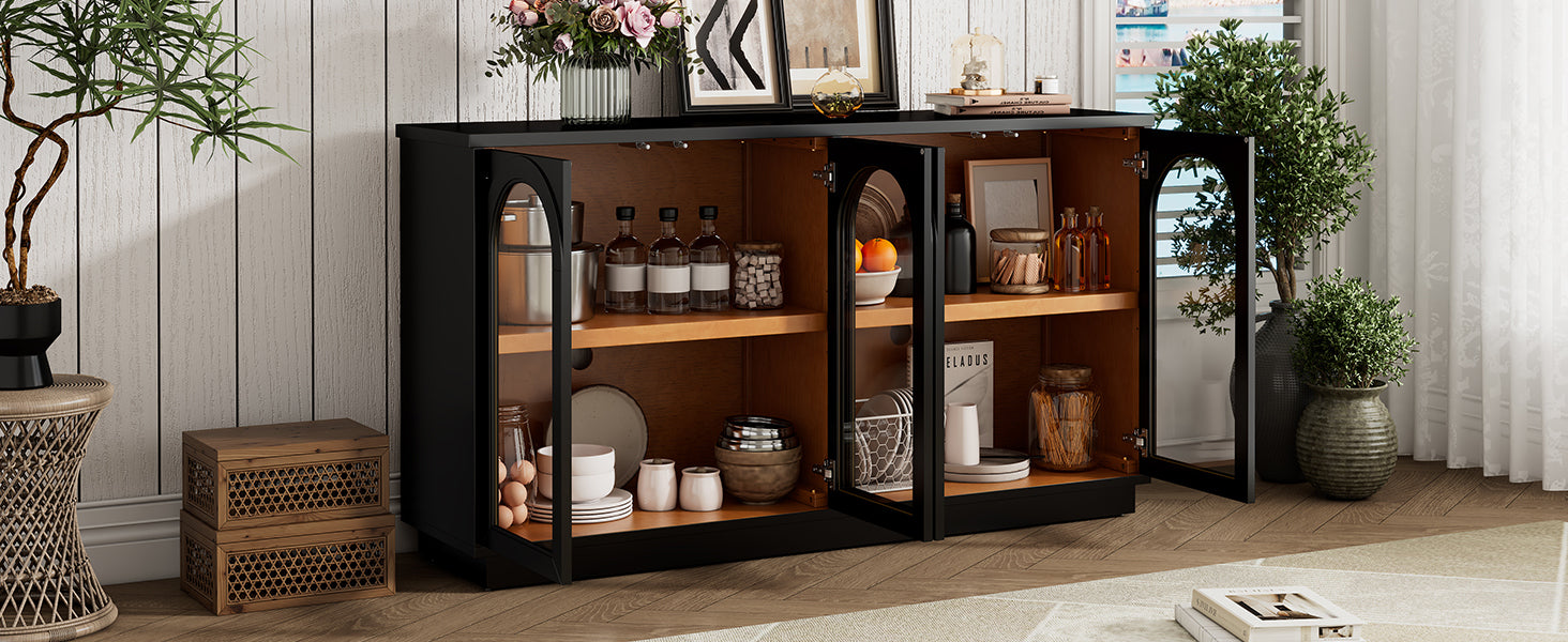 TREXM 4-Door Large Storage Buffet Cabinet with Glass Doors, Arched Cabinet with Adjustable Shelves for Kitchen, Dining Room and Living Room (Black) - Grand Goldman Shop