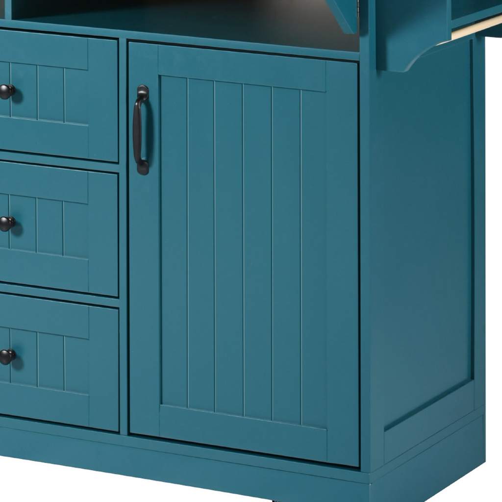 K&K 55.7'' Large Kitchen Island with 2 Drop Leaf,, Rolling Kitchen Cart on 5 Wheels with Power Outlet, Folding Storage Dining Table with Spice & Towel Rack , 3 Drawers, for Kitchen, Dining Room,Green - Grand Goldman Shop