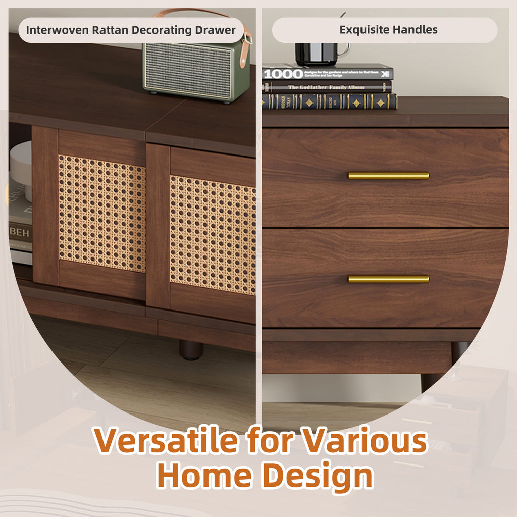 Mid Century Modern TV Stand for 80' TVs with Sliding Doors and Drawers, Dark Brown Rattan Accent Storage Unit in Solid Wood and MDF, 70.87' L x 15.35' W x 18.11' H - Grand Goldman Shop