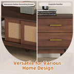 Mid Century Modern TV Stand for 80' TVs with Sliding Doors and Drawers, Dark Brown Rattan Accent Storage Unit in Solid Wood and MDF, 70.87' L x 15.35' W x 18.11' H - Grand Goldman Shop