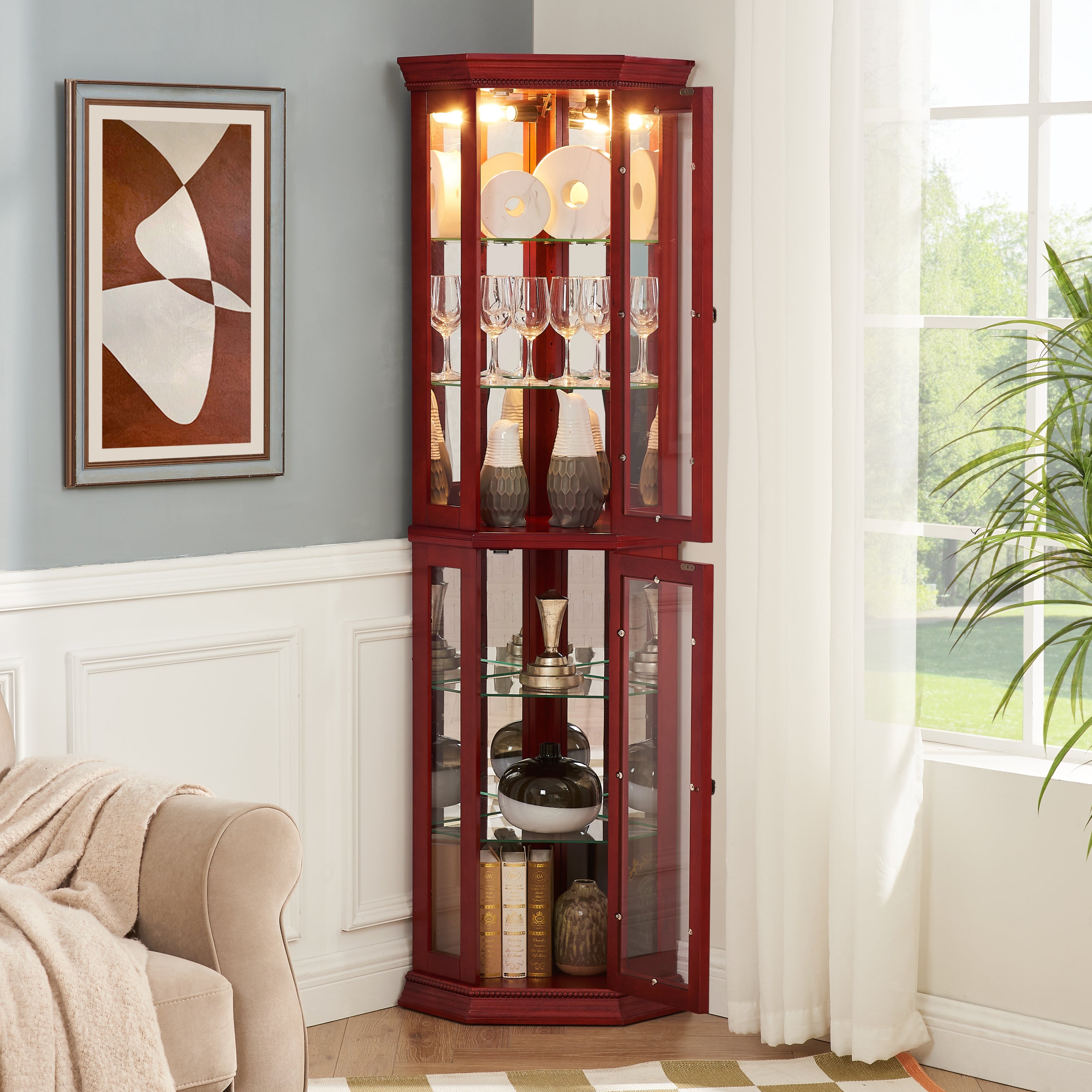 Corner Curio Cabinet Lighted Corner Display, Glass Display Shelf Shelving Bar cabinet with Tempered Glass Door, Bar Cabinet,Cabinet with Adjustable Shelf Glass Cabinet Shelves Bead Bulb Included - Grand Goldman Shop