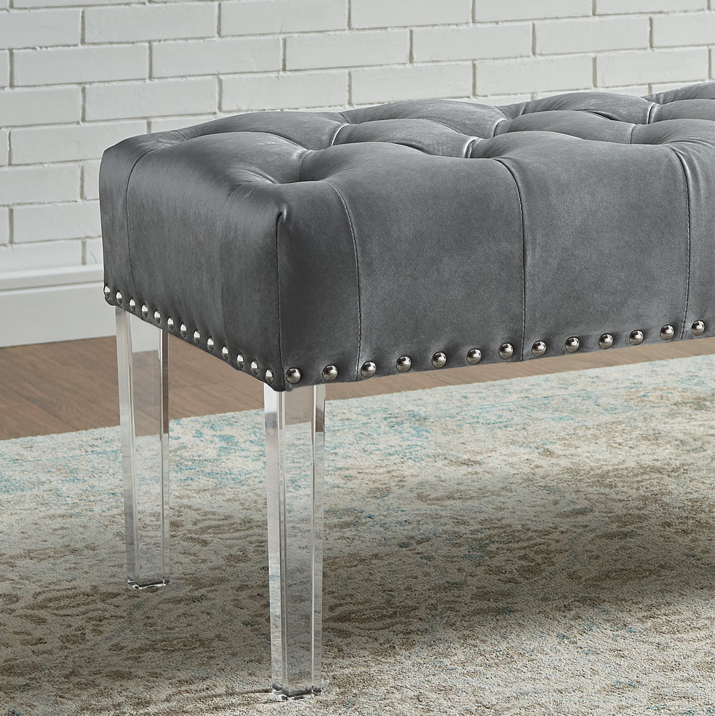 Valley Button Tufted Velvet Upholstered Bench with Acrylic Leg, Gray - Grand Goldman Shop