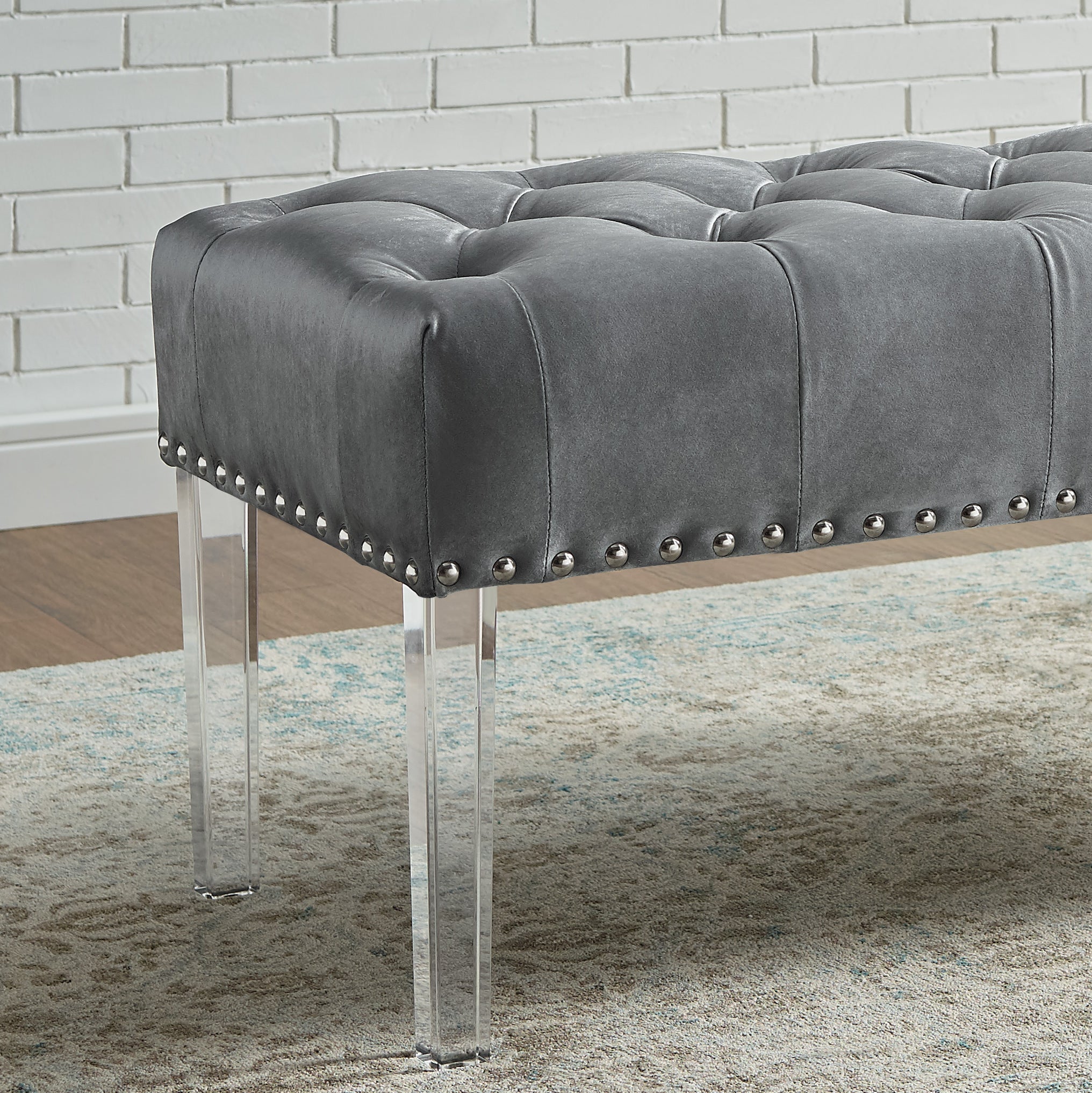 Valley Button Tufted Velvet Upholstered Bench with Acrylic Leg, Gray - Grand Goldman Shop