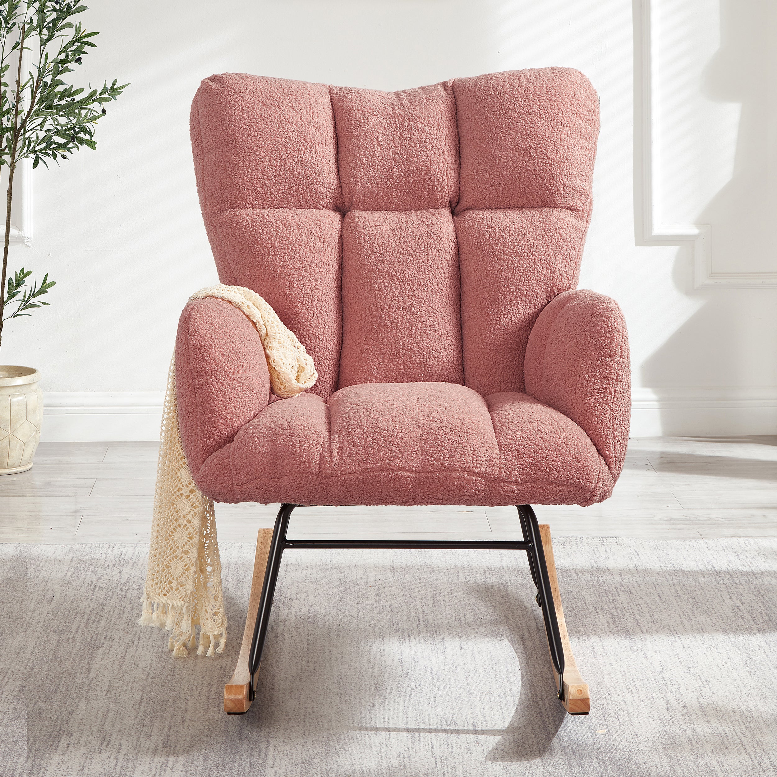 Glider Chair for Living Room Tufted Upholstered Teddy Fabric Rocking Chair with Metal Frame Accent Chair Pink - Grand Goldman Shop