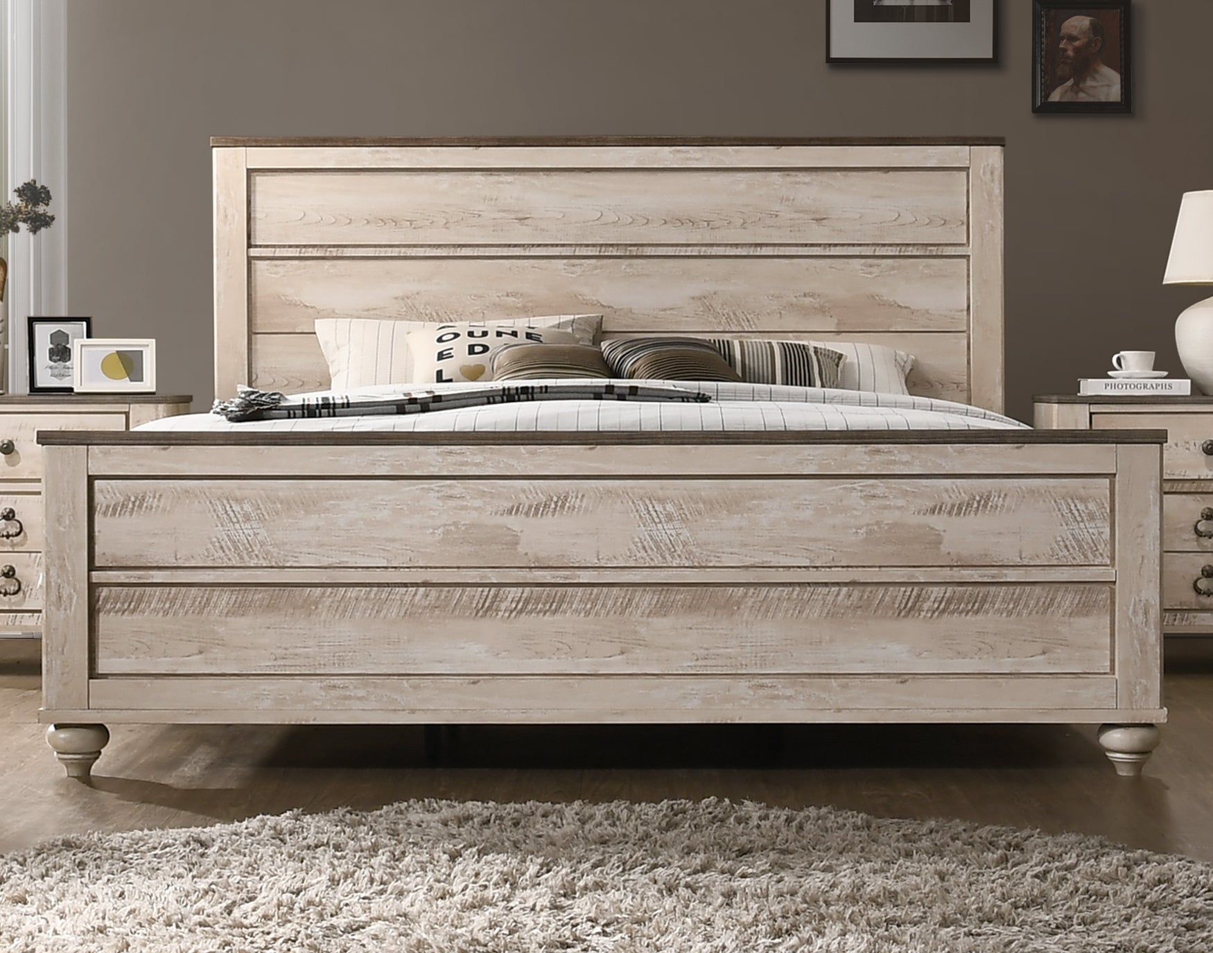 Imerland Contemporary White Wash Finish Bedroom Set, Queen Bed, Dresser, Mirror, Nightstand, Chest - Grand Goldman Shop