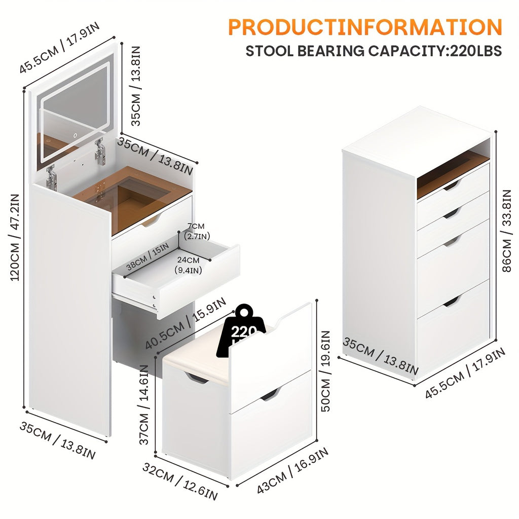 Dressing Table and Stool, 3-in-1 Multifunctional Dressing Table Set, Featuring Three-color Lighting Modes, HD Mirror, Two Sliding Drawers, and a Hidden Storage Stool - Grand Goldman Shop
