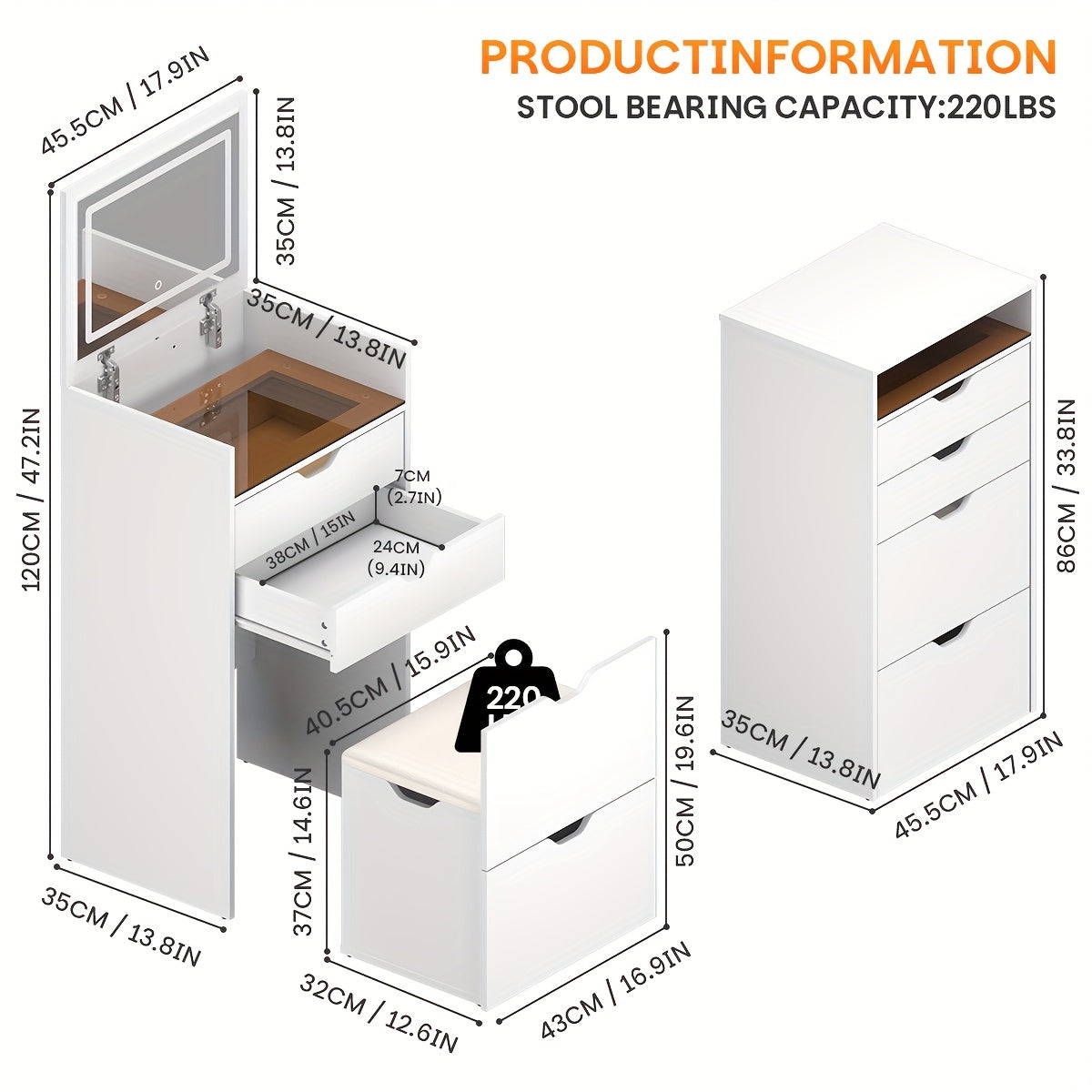 Dressing Table and Stool, 3-in-1 Multifunctional Dressing Table Set, Featuring Three-color Lighting Modes, HD Mirror, Two Sliding Drawers, and a Hidden Storage Stool - Grand Goldman Shop
