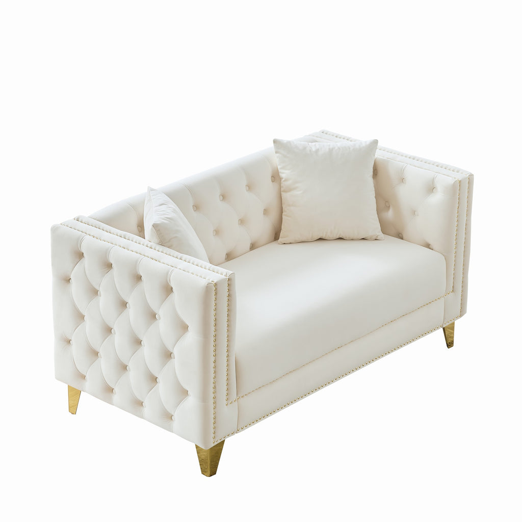 58'Chesterfield Velvet Sofa,2 Seater Deep Seat Sofa,Modern Sofa with Button Nailhead,Square Arm Couches,Furniture for Living Room,Bedroom,Office(Beige) - Grand Goldman Shop