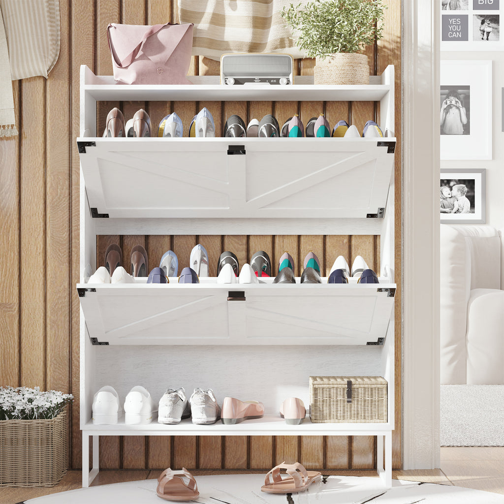 Shoe Cabinet with 2 Flip Drawers,Shoe Storage Cabinet for Entryway,Freestanding Shoe Cabinet Organizer with Open Storage,Narrow Farmhouse Shoe Rack with Metal Corner Decoration Legs,White - Grand Goldman Shop