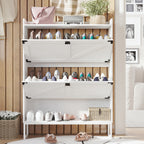 Shoe Cabinet with 2 Flip Drawers,Shoe Storage Cabinet for Entryway,Freestanding Shoe Cabinet Organizer with Open Storage,Narrow Farmhouse Shoe Rack with Metal Corner Decoration Legs,White - Grand Goldman Shop